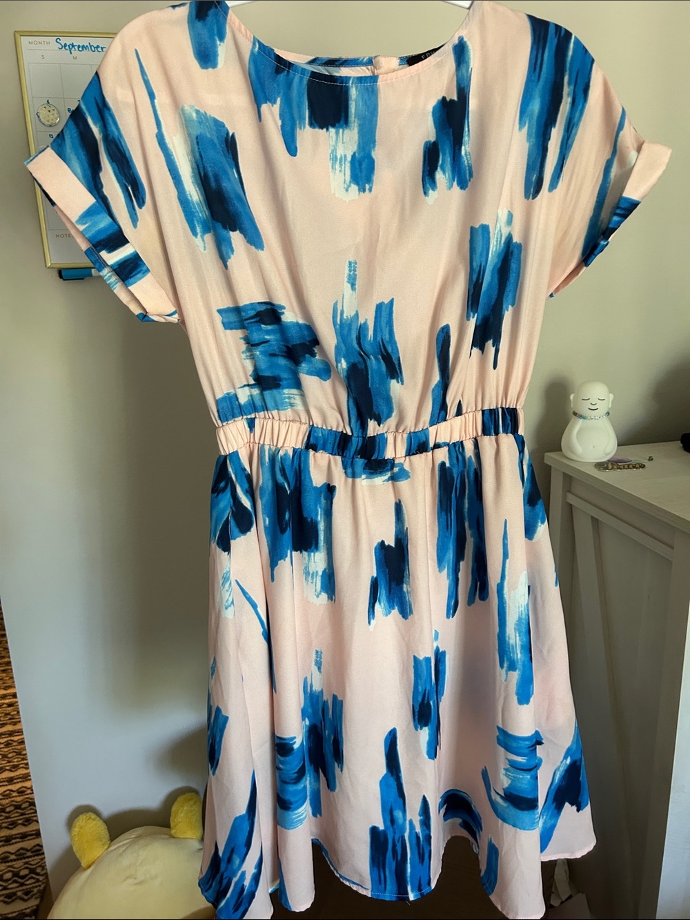 FRNCH Pink Mini Dress with Blue Brushstroke Print